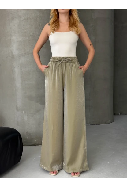 Kadın Parlak Saten Bol Paça Pantolon