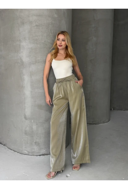 Kadın Parlak Saten Bol Paça Pantolon