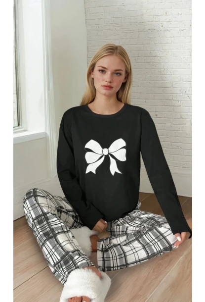 Kadın Ekose Fiyonk Baskılı Pijama Takım