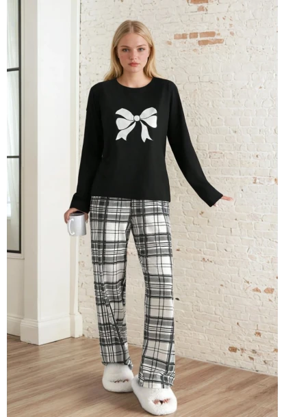 Kadın Ekose Fiyonk Baskılı Pijama Takım