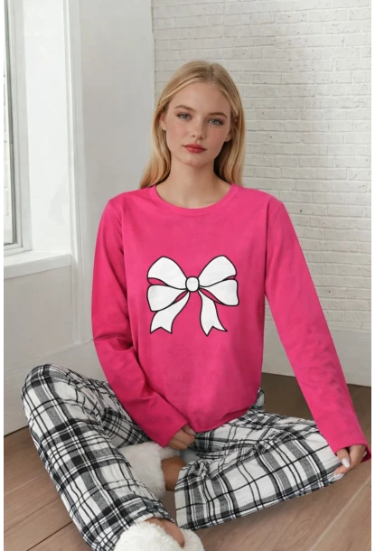 Kadın Ekose Fiyonk Baskılı Pijama Takım