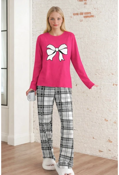 Kadın Ekose Fiyonk Baskılı Pijama Takım