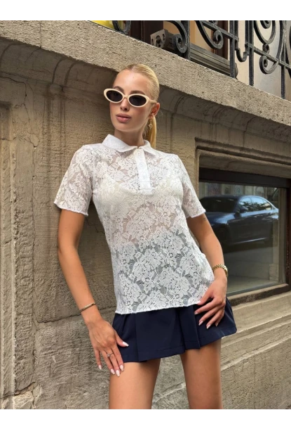 Kadın Polo Yaka Dantel Gömlek