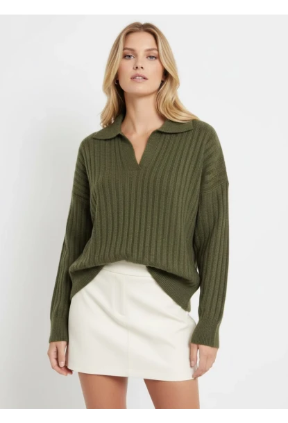 Kadın Polo Yaka Fitilli Triko Kazak Haki