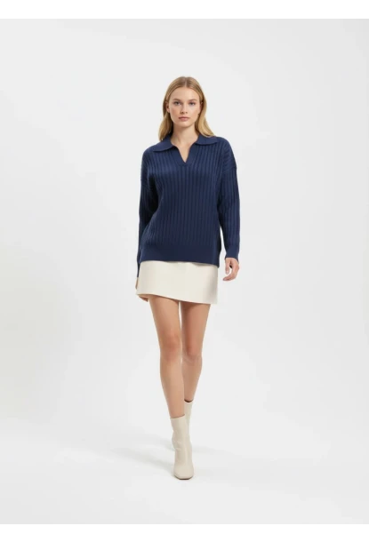 Kadın Polo Yaka Fitilli Triko Kazak Lacivert