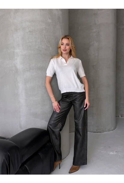 Kadın Polo Yaka Kısa Kollu Triko Bluz