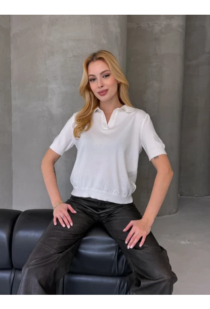 Kadın Polo Yaka Kısa Kollu Triko Bluz