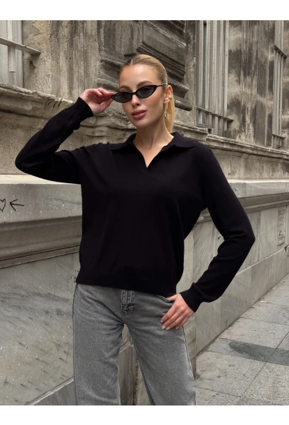 Kadın Polo Yaka Kısa Kollu Triko Bluz