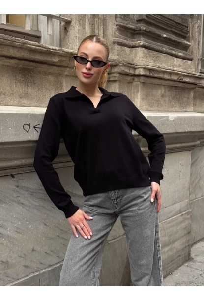 Kadın Polo Yaka Kısa Kollu Triko Bluz