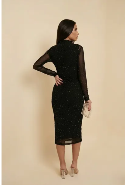 Kadın Puantiye Desenli Transparan Kollu Elbise