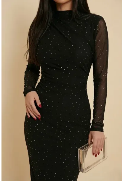 Kadın Puantiye Desenli Transparan Kollu Elbise