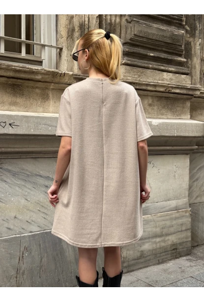Kadın Rahat Kesim Soft Kısa Elbise Bej
