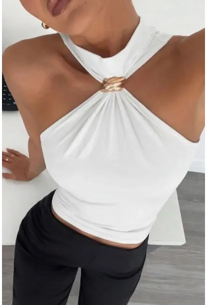 Kadın Sandy Kumaş Yaka Detay Bluz Beyaz