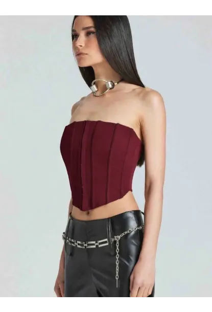 Kadın Şık Korse Crop Top - Straplez Düğmeli Büstiyer Bordo