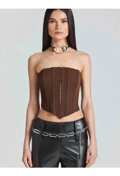 Kadın Şık Korse Crop Top - Straplez Düğmeli Büstiyer Kahve