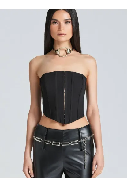 Kadın Şık Korse Crop Top - Straplez Düğmeli Büstiyer Siyah