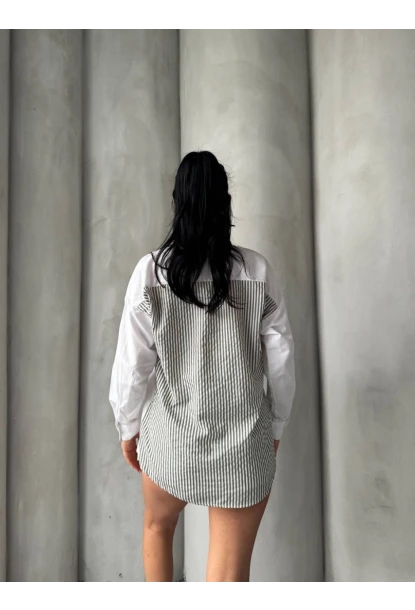 Kadın Sırt ve Cebi Çizgili Bloklu Uzun Kollu Gömlek