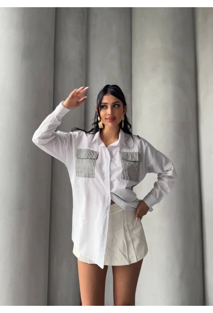 Kadın Sırt ve Cebi Çizgili Bloklu Uzun Kollu Gömlek