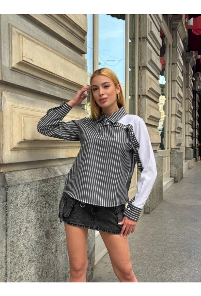 Kadın Siyah Çizgili Kol Asimetrik Düğme Detaylı Gömlek