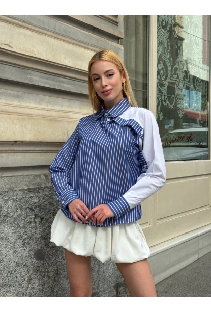 Kadın Siyah Çizgili Kol Asimetrik Düğme Detaylı Gömlek