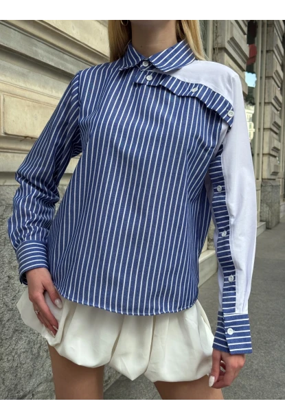 Kadın Siyah Çizgili Kol Asimetrik Düğme Detaylı Gömlek