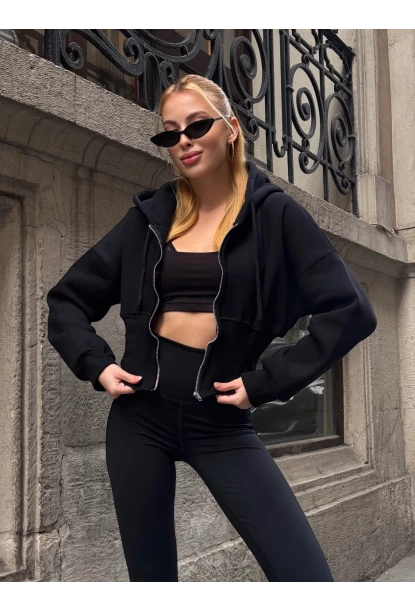 Kadın Siyah Fermuarlı Hoodie Sweatshirt