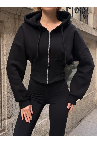 Kadın Siyah Fermuarlı Hoodie Sweatshirt