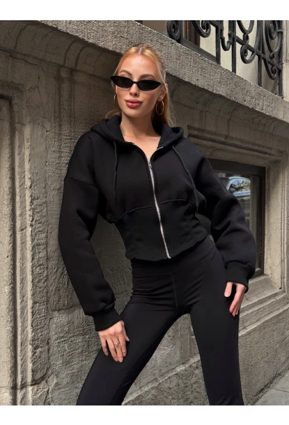 Kadın Siyah Fermuarlı Hoodie Sweatshirt