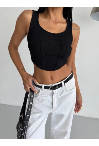 Kadın Siyah Kaşkorse Crop Bluz