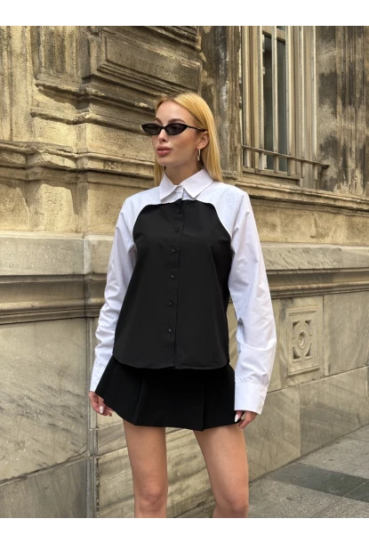 Kadın Siyah Renk Bloklu Uzun Kollu Oversize Gömlek