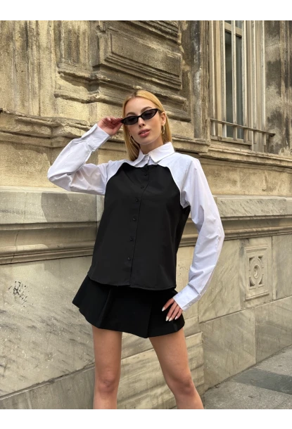 Kadın Siyah Renk Bloklu Uzun Kollu Oversize Gömlek