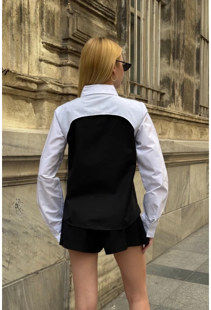 Kadın Siyah Renk Bloklu Uzun Kollu Oversize Gömlek