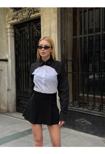 Kadın Siyah Renk Bloklu Uzun Kollu Oversize Gömlek