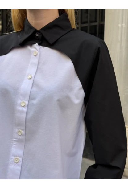 Kadın Siyah Renk Bloklu Uzun Kollu Oversize Gömlek