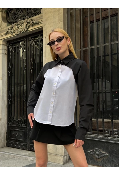 Kadın Siyah Renk Bloklu Uzun Kollu Oversize Gömlek