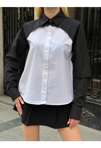 Kadın Siyah Renk Bloklu Uzun Kollu Oversize Gömlek