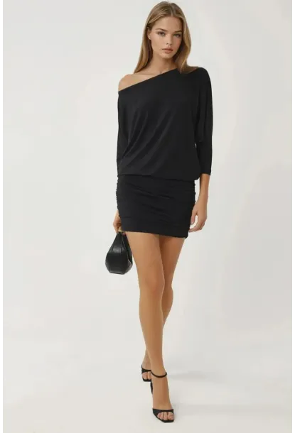 Kadın Siyah Tek Omuz Yarasa Kol Drapeli Mini Elbise