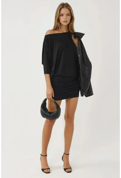 Kadın Siyah Tek Omuz Yarasa Kol Drapeli Mini Elbise