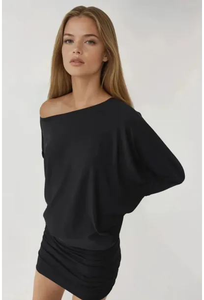 Kadın Siyah Tek Omuz Yarasa Kol Drapeli Mini Elbise