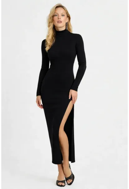 Kadın Siyah Yarım Balıkçı Tek Yırtmaçlı Kaşkorse Midi Elbise