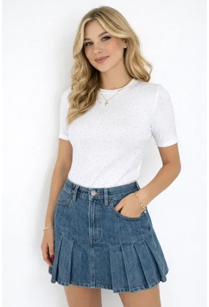 Kadın Taş Detaylı Kısa Kollu T-shirt Beyaz