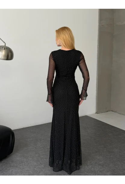 Kadın Taş İşleme Full Likralı Maxi Boy Elbise Siyah