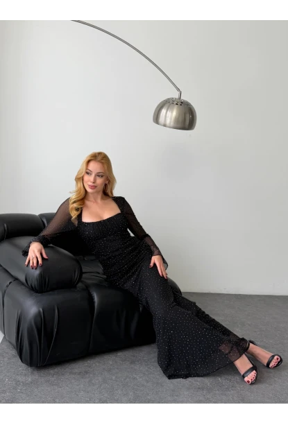 Kadın Taş İşleme Full Likralı Maxi Boy Elbise Siyah