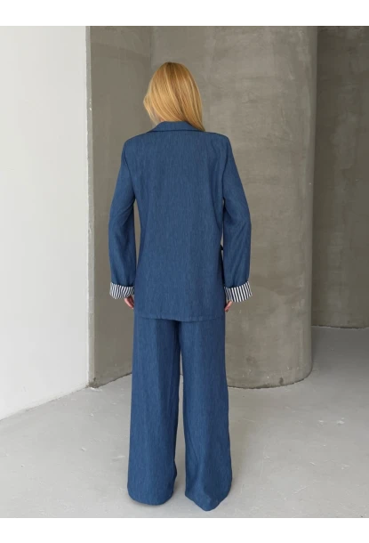 Kadın Tensel Kumaş Blazer Ceket Pantolon Takım – Mavi CLV244