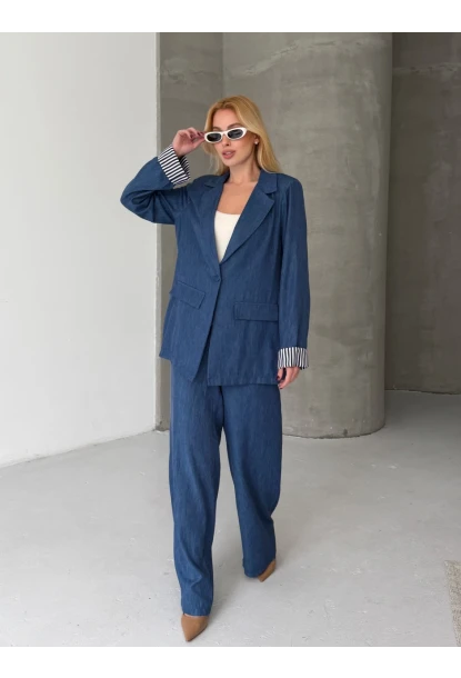 Kadın Tensel Kumaş Blazer Ceket Pantolon Takım – Mavi CLV244