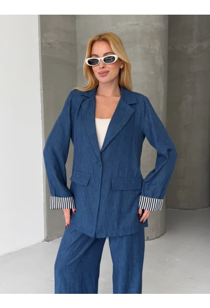 Kadın Tensel Kumaş Blazer Ceket Pantolon Takım – Mavi CLV244