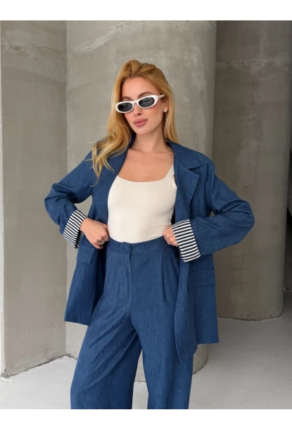 Kadın Tensel Kumaş Blazer Ceket Pantolon Takım – Mavi CLV244