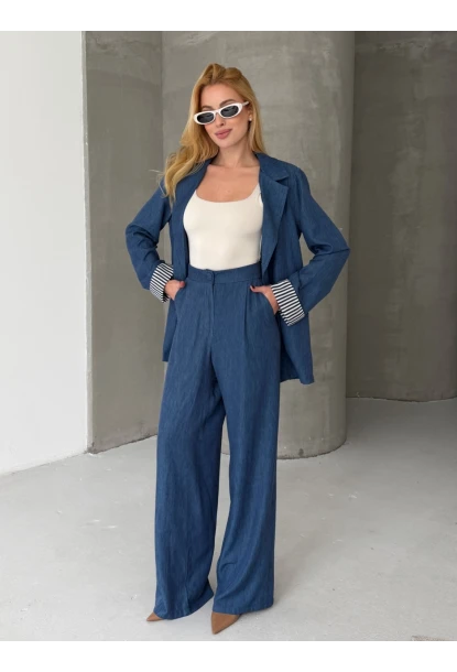 Kadın Tensel Kumaş Blazer Ceket Pantolon Takım – Mavi CLV244