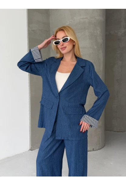 Kadın Tensel Kumaş Blazer Ceket Pantolon Takım – Mavi CLV244