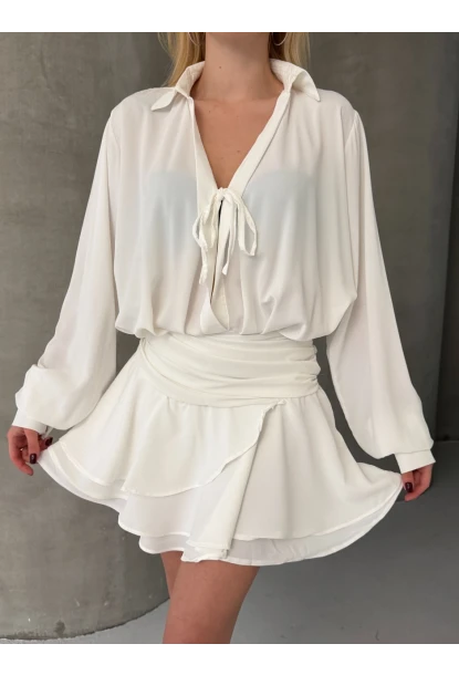 Kadın Tensel Kumaş Volanlı Mini Elbise Beyaz